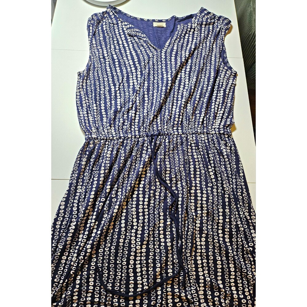 Caslon Dress Blue/White Print Knee-Length V-Neck Sleeveless M Drawstring Waist